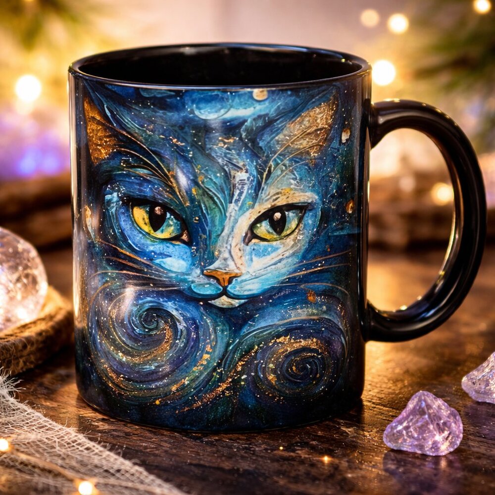 Starry Night Cosmic Cat Mug – Artistic Feline Gift Coffee Cup NIB - Picture 6 of 11